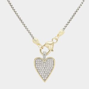 14K Gold Plated CZ Heart Charm Pendant Link Necklace Two Tone Statement Jewelry